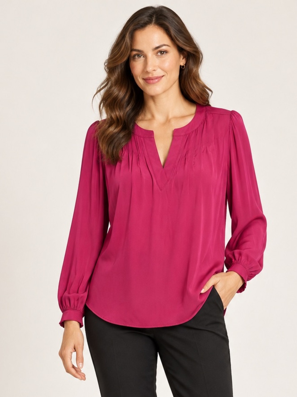 Nine West Magenta Pleated Split Neck Long Sleeve Blouse Size Large